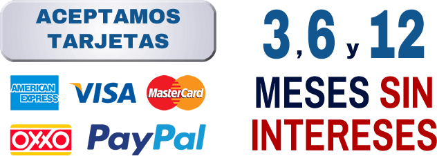 Aceptamos tarjetas: american express, visa, mastercad, oxxo, paypal a meses sin intereses desde 3 hasta 12